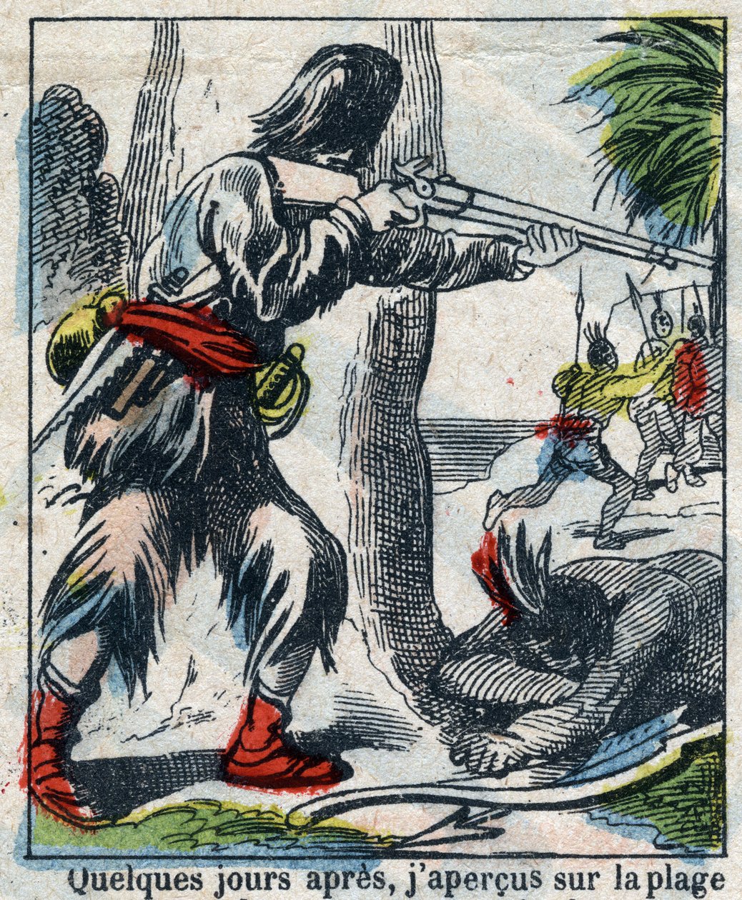 Illustrazione per il libro di Daniel Defoe "Robinson Crusoe". Immagine di Epinal fine XIX secolo da French School