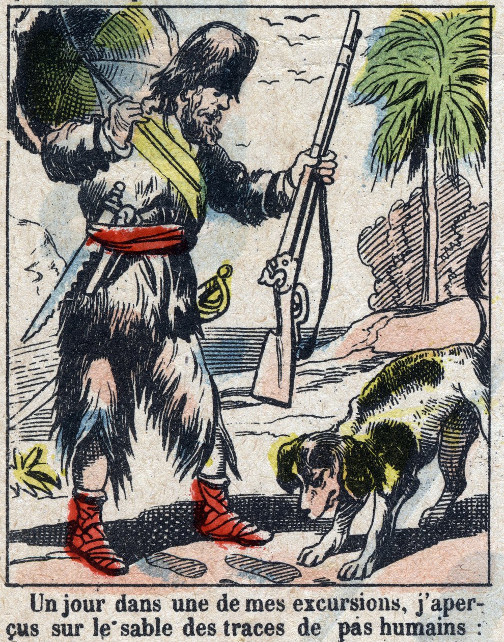 Illustrazione per il libro di Daniel Defoe "Robinson Crusoe". Immagine di Epinal fine XIX secolo da French School