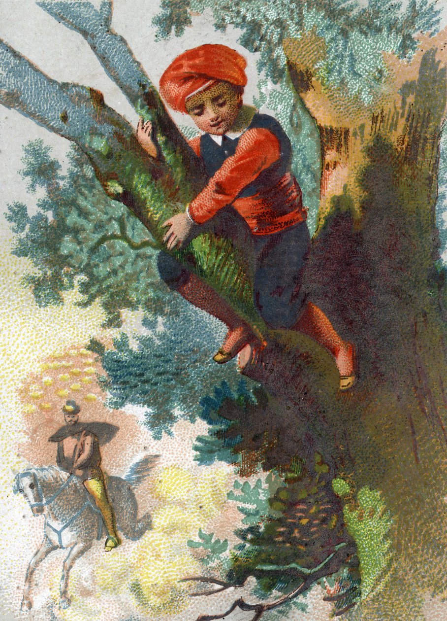 Illustrazione per Le Mille e una Notte. Alì Babà vedendo una banda di ladri arrivare da lontano nella foresta si nasconde su un albero. Cromolitografia intorno al 1890. da French School