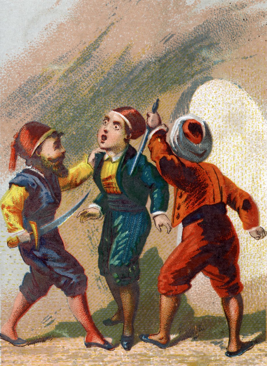 Illustrazione per Le Mille e una Notte. Cassim geloso di Alì Babà va anche lui nella caverna ma dimentica la parola per uscire e viene ucciso dai ladri. Cromolitografia intorno al 1890. da French School