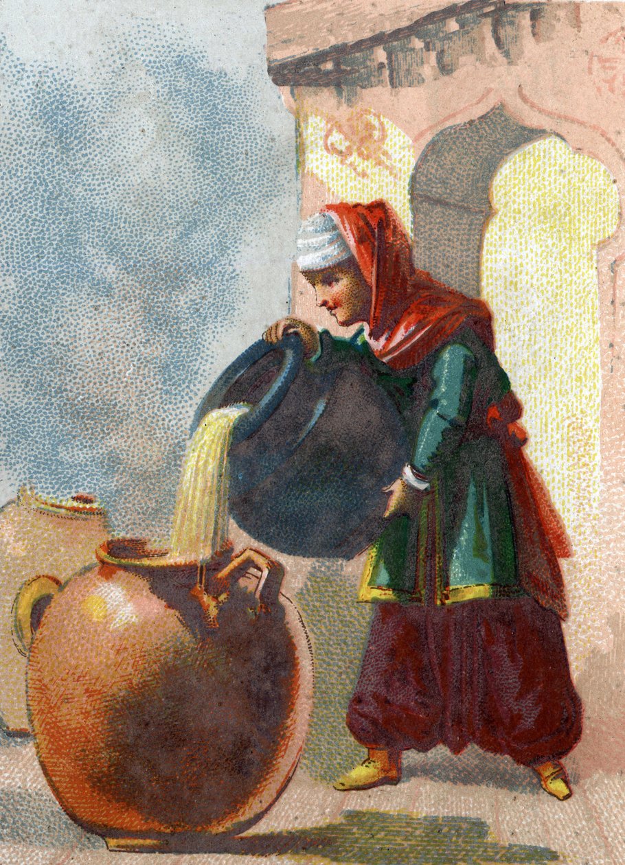 Illustrazione per le Mille e una notte. Morgiana, schiava di Alì Babà, rendendosi conto che i vasi contenevano ladri, tolse loro la vita versando olio bollente in ogni vaso. Cromolitografia intorno al 1890 da French School