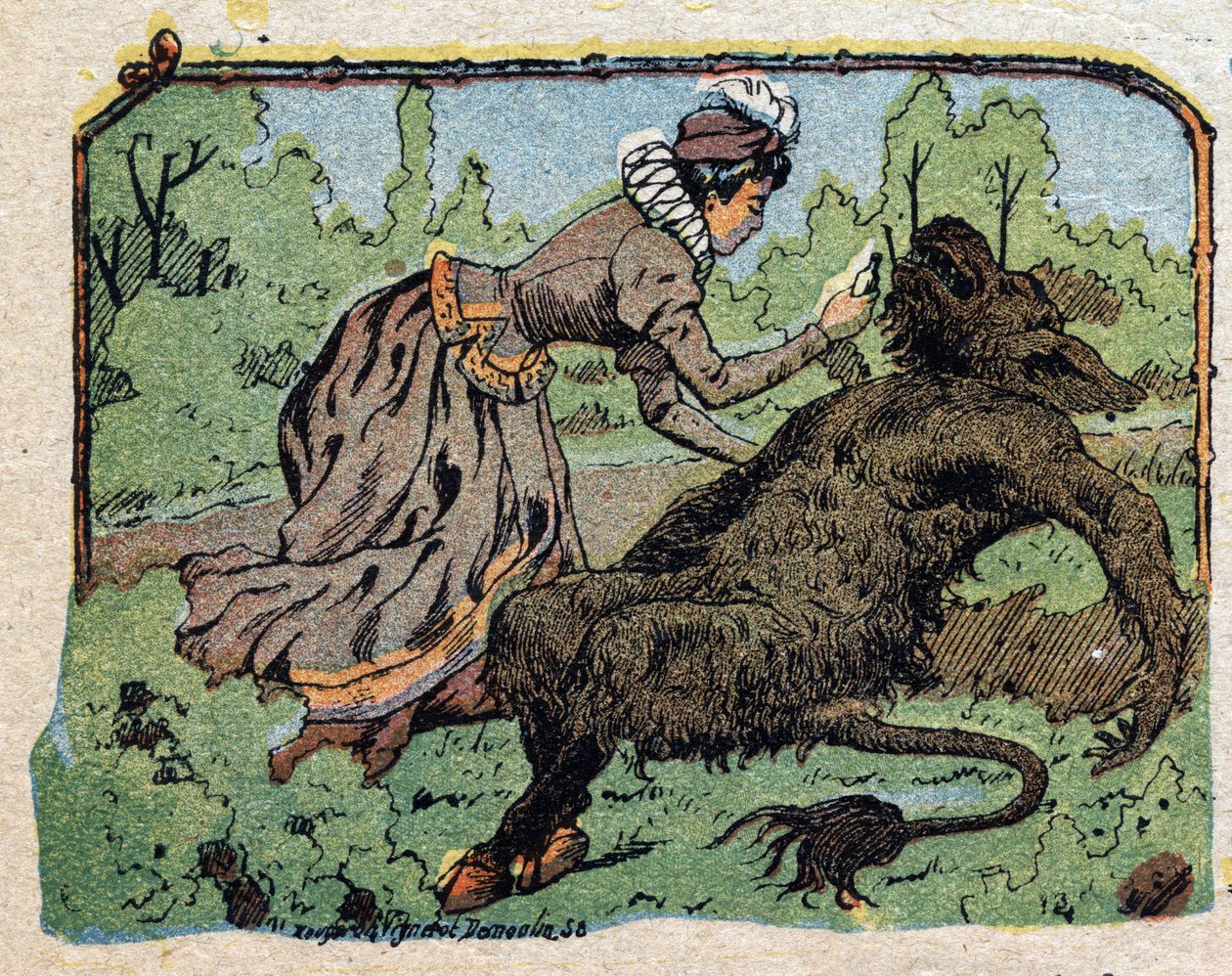Illustrazione per la fiaba "La Bella e la Bestia": la bella rianima la bestia svenuta dal dolore quando lei rifiuta di sposarlo. Incisione di Quinn imagery, circa 1890. da French School