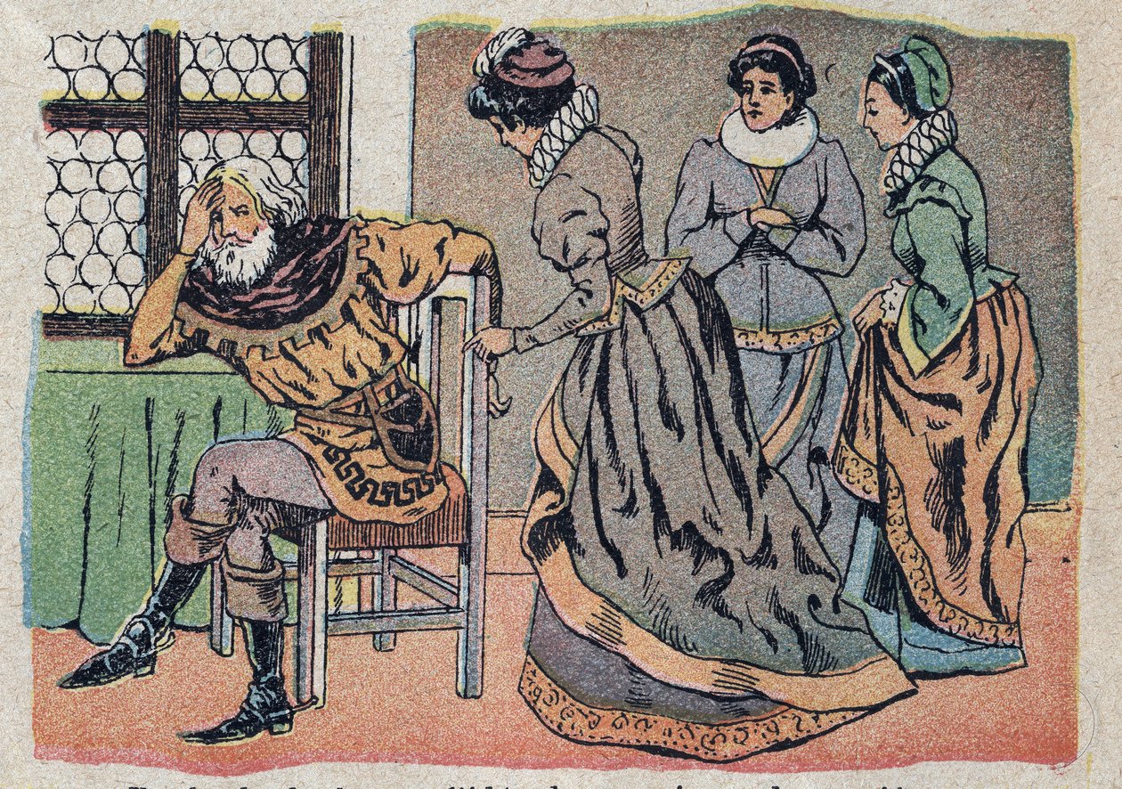 Illustrazione per il racconto "La Bella e la Bestia": il mercante perso nel dolore. Incisione di Quinn, circa 1890 da French School