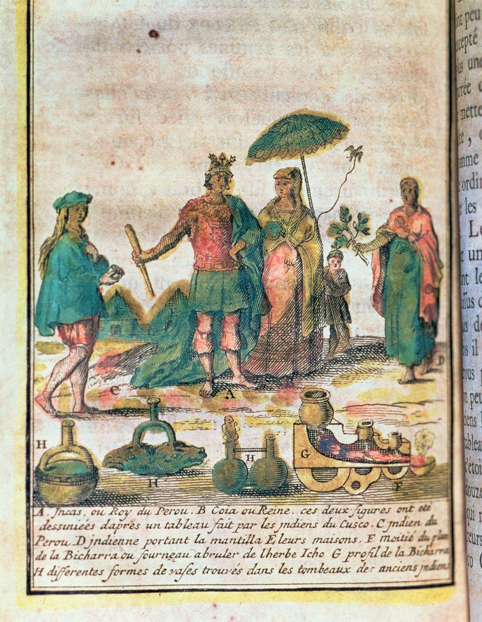 Illustrazione da una storia del Perù che mostra un re e una regina Inca con attendenti indiani e un diagramma di una bicharra da French School