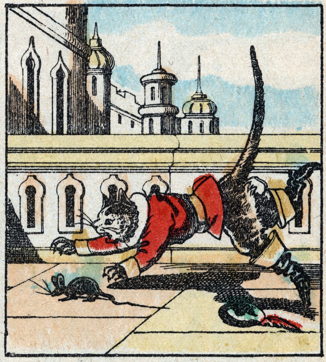 Illustrazione della fiaba di Charles Perrault "Il gatto con gli stivali". Incisione su legno di Imaging Pellerin - Epinal, fine XIX secolo. da French School