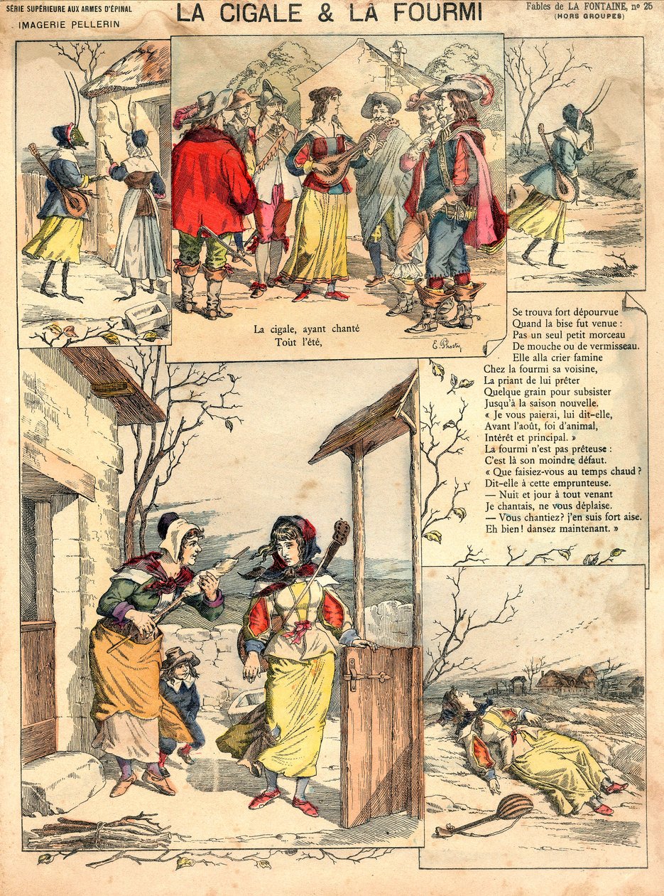 Illustrazione delle Favole di La Fontaine La cicala e la formica, incisione, c. 1890 da French School