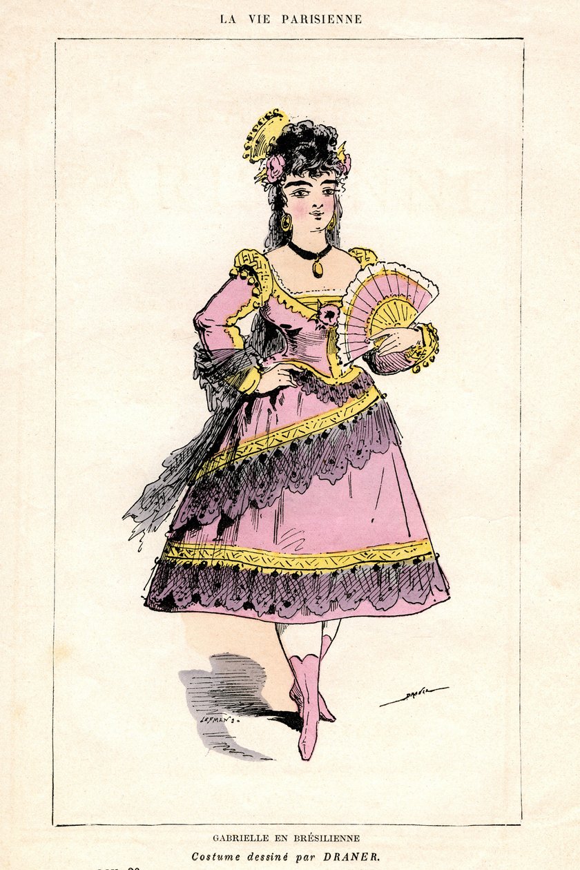 Illustrazione de "La Vie Parisienne", pezzo e opera (opera-cibo) di Jacques Offenbach su libretto di Ludovic Halevy e Henri (Henry) Meilhac, edizione in libro della Libreria Illustree 1875 - Gabrielle in Bresilienne: costume disegnato da Draner (1833-1926) da French School