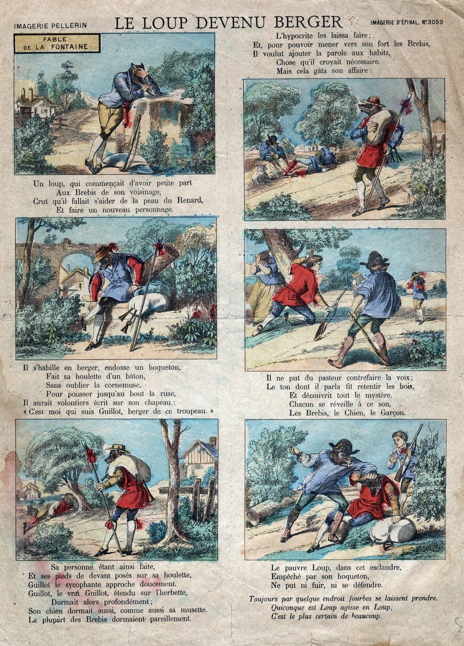 Illustrazione della favola di Jean de la Fontaine (1621-1695): il lupo divenne pastore. Immagine di Epinal fine XIX secolo da French School
