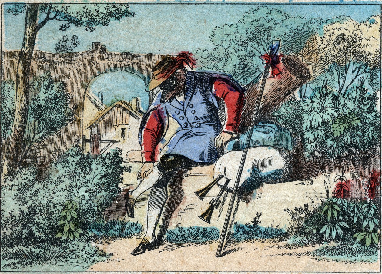 Illustrazione della favola di Jean de la Fontaine (1621-1695): il lupo divenne pastore. Immagine di Epinal fine XIX secolo da French School