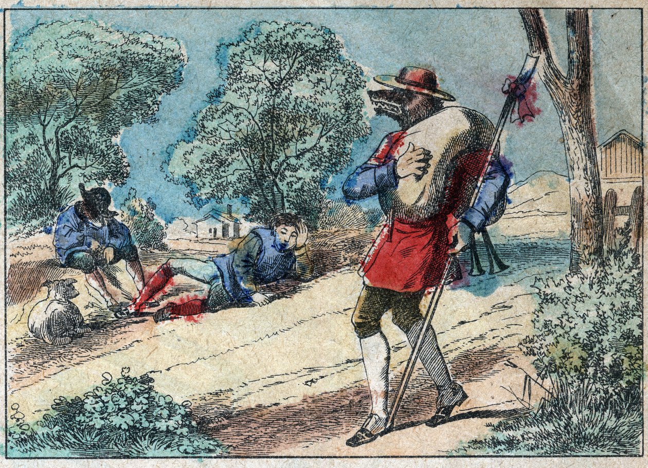 Illustrazione della favola di Jean de la Fontaine (1621-1695): il lupo divenne pastore. Immagine di Epinal fine XIX secolo da French School
