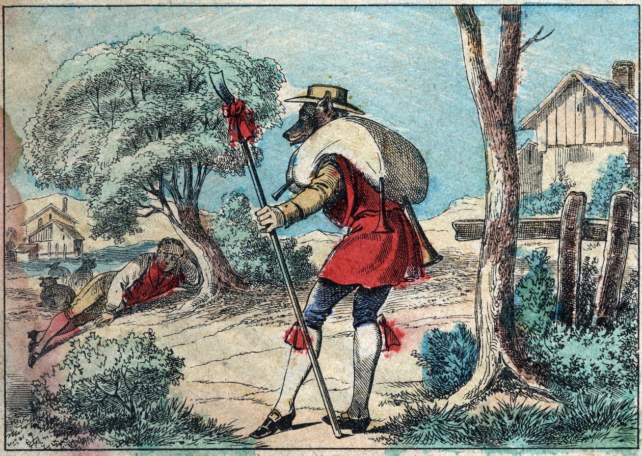 Illustrazione della favola di Jean de la Fontaine (1621-1695): il lupo divenne un pastore. Immagine di Epinal della fine del XIX secolo. da French School