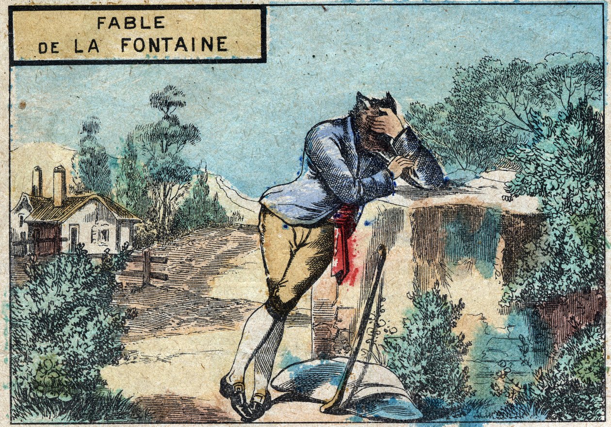 Illustrazione della favola di Jean de La Fontaine (1621-1695): il lupo diventato pastore. Immagine di Epinal della fine del XIX secolo da French School