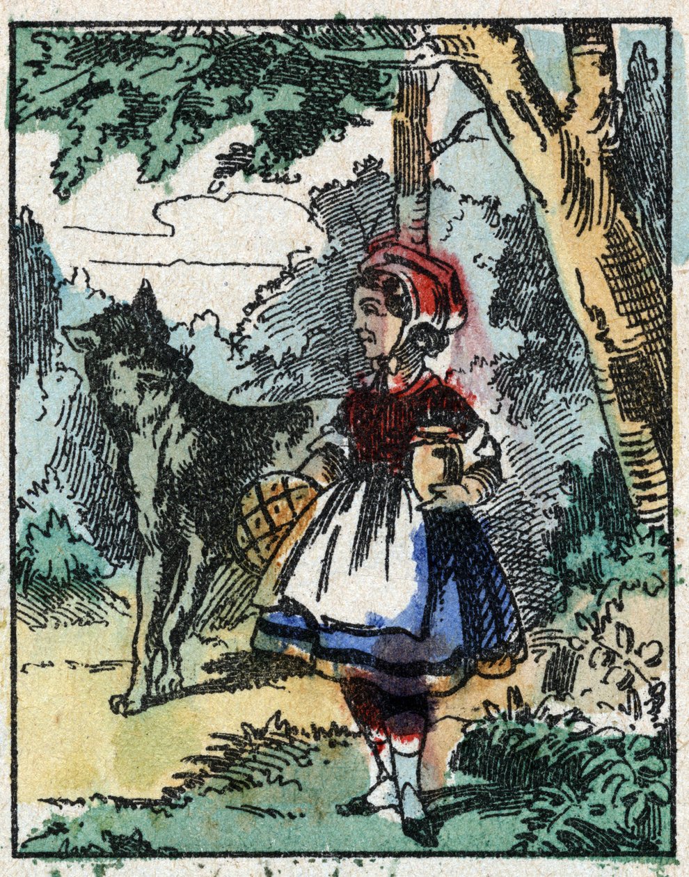 Illustrazione del racconto “Cappuccetto Rosso” di Charles Perrault. Incisione su legno di Imagery Pellerin - Epinal, fine XIX secolo. da French School