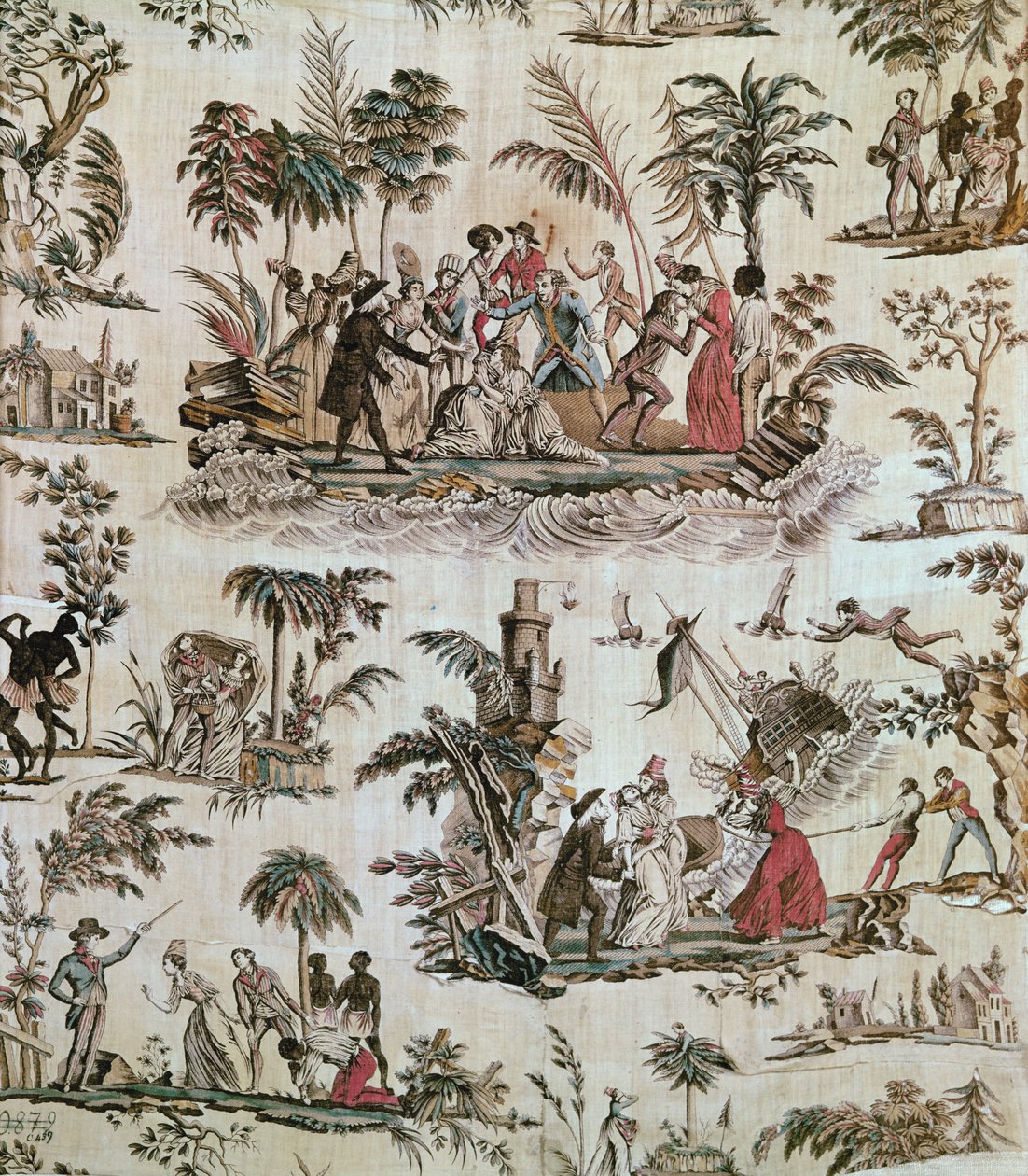 Illustrazioni di incidenti dal romanzo Paul et Virginie, Toile de Nantes, c.1800 (cotone stampato) da French School