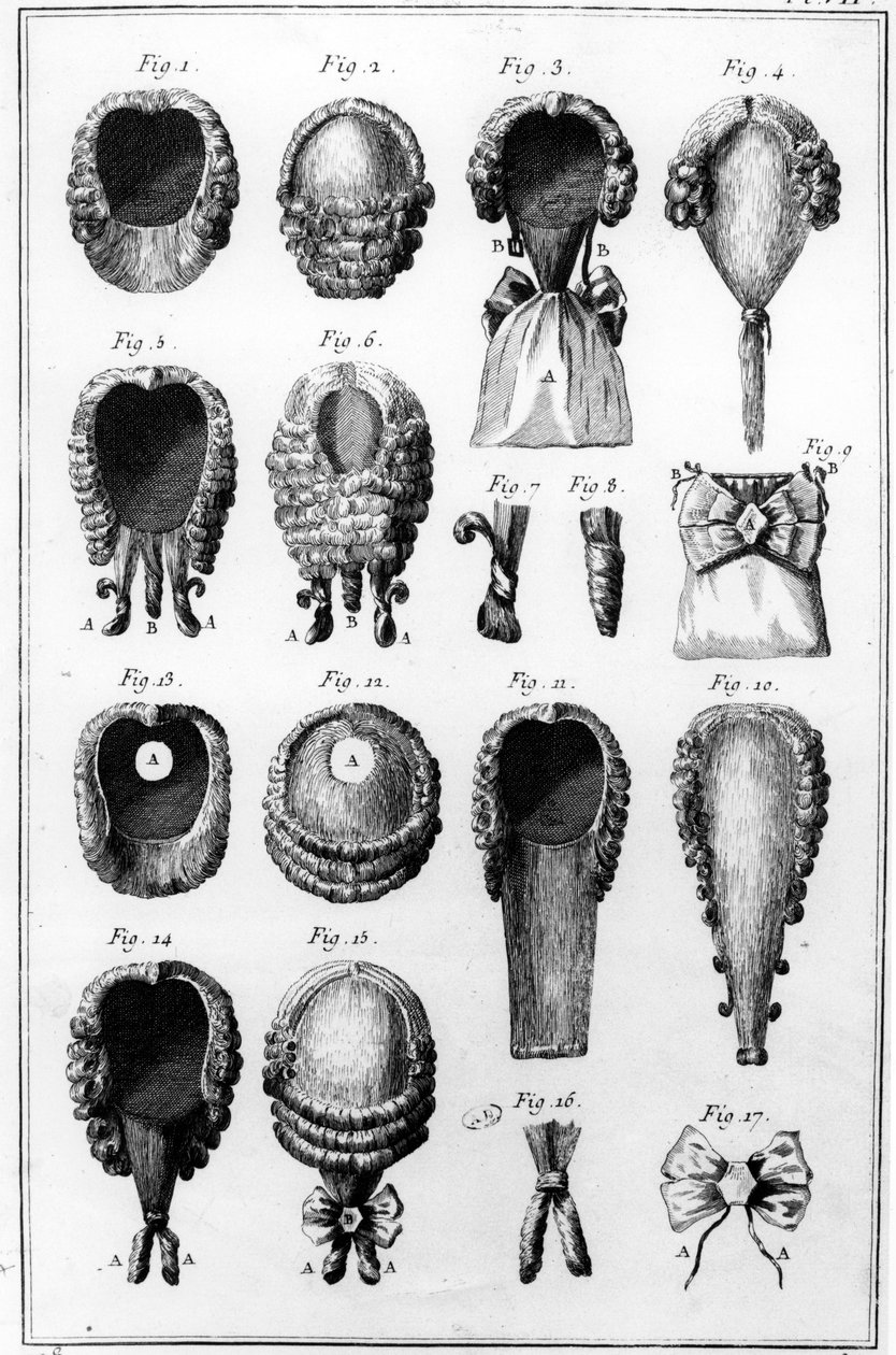 Illustrazioni di varie mode di parrucche, tavola VII, vol.8, da Encyclopedie des Sciences et Metiers di Diderot, pubblicato c.1770 da French School
