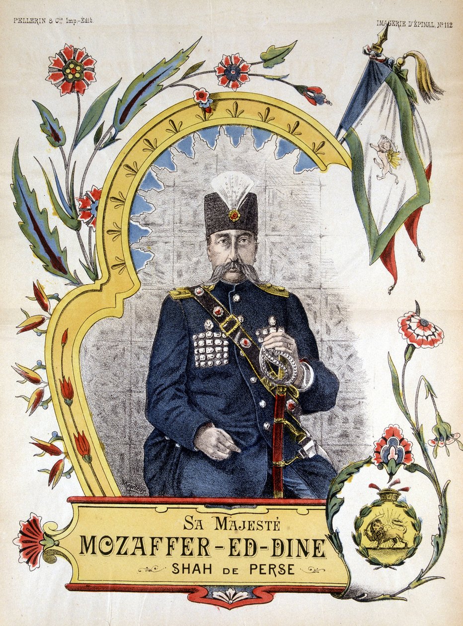 Immagine di epinal, Mozaffer ed dine (Mozaffer-ed-dine, Mozzafar-al-Din, Mozzafar al Din, Mozaffaredin) scià di Persia dal 1896 al 1906 da French School