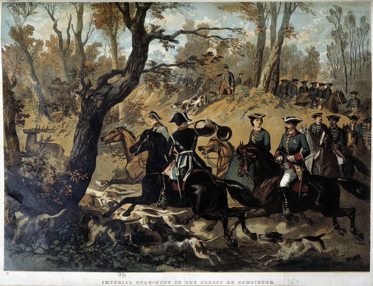 Imperatrice Eugenia e Napoleone III: scena di caccia a Compiègne da French School
