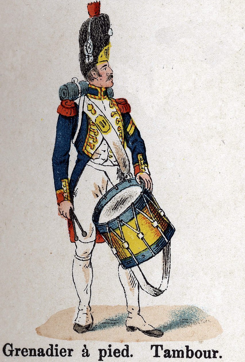 Guardia Imperiale Napoleone I: Granatiere a piedi - Tamburo. Tavola dal libro Les Uniforms de l