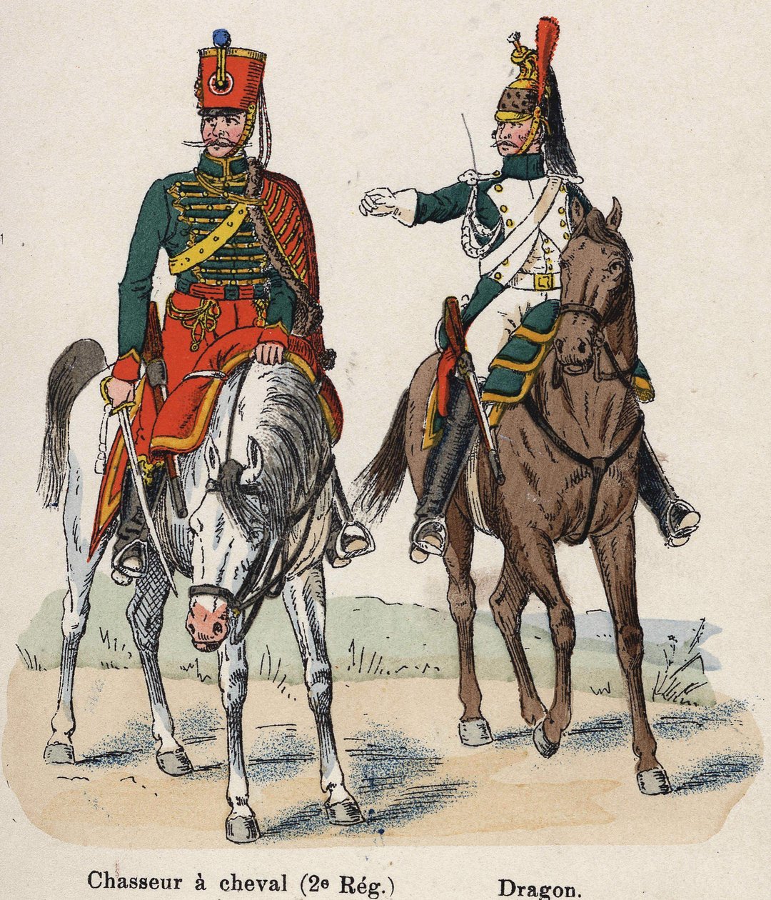 Guardia Imperiale Napoleone I: Cacciatore a cavallo (2º Reggimento) e Dragone. Tavola dal libro Les Uniforms de l