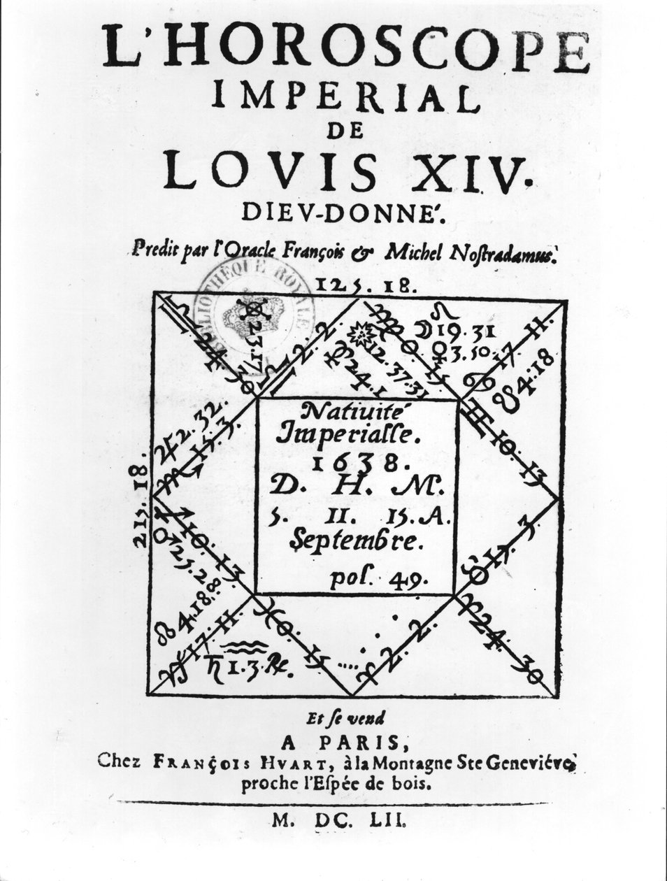 Oroscopo imperiale di Luigi XIV di Michel Nostradamus, pubblicato da Francois Huart a Parigi 1652 da French School