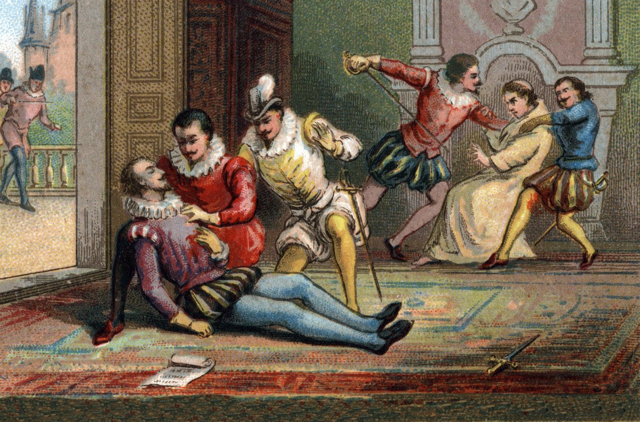 Nel 1589, il monaco Jacques Clement assassinò il Re Enrico III con una pugnalata dopo avergli fatto leggere una lettera. Il re morì tra le braccia di Enrico di Navarra. Cromolitografia intorno al 1890 da French School