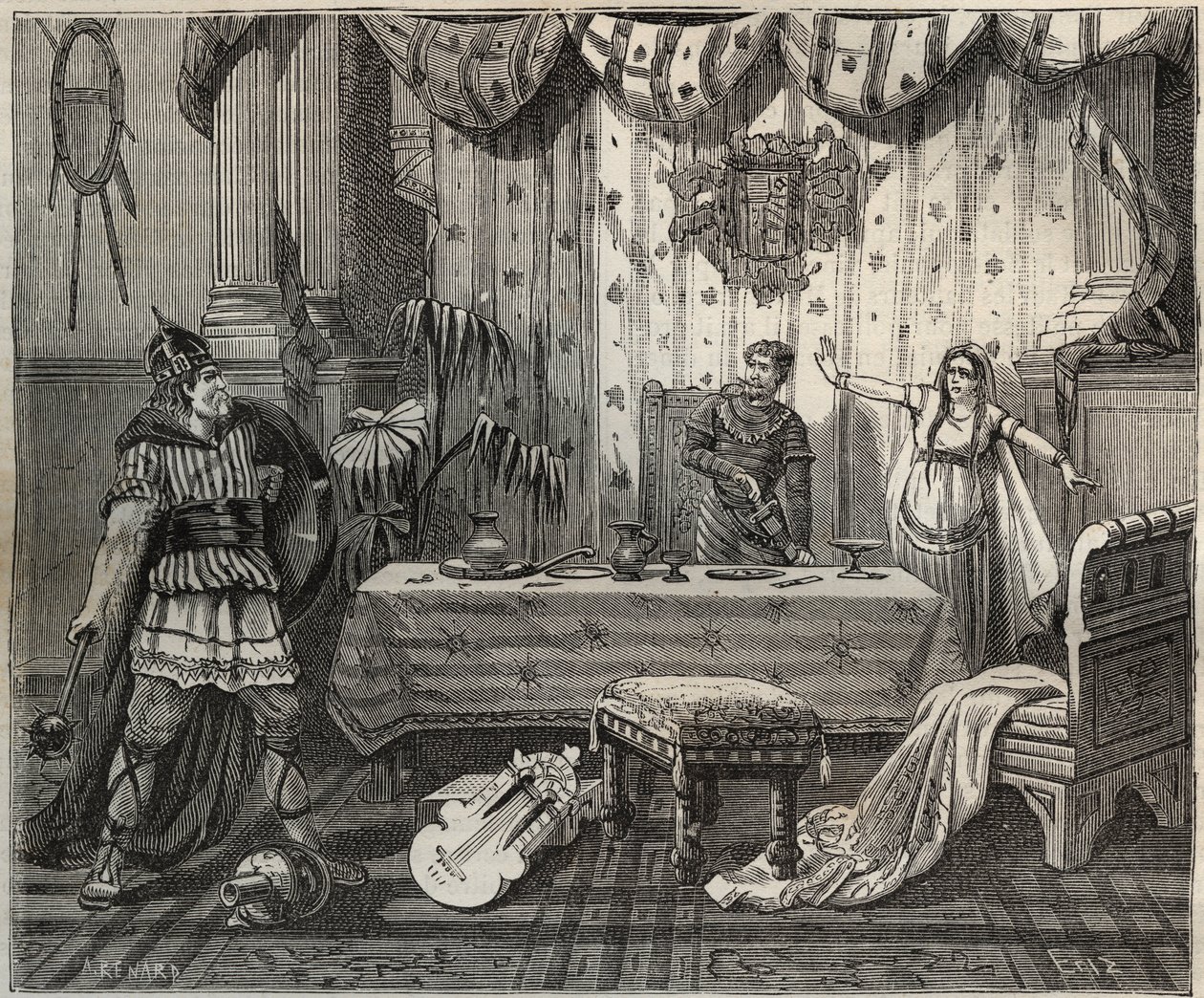 Nel 978 Lotario (941-986), re dei Franchi, entrò nel palazzo di Ottone II del Sacro Impero (955-983) e sua moglie Teofano (655-991) ad Aquisgrana, ma la famiglia imperiale riuscì a catturarlo. Illustrazione in "Parigi attraverso i secoli" di Knee-Lac. da French School