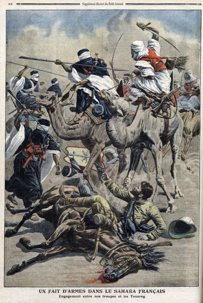 Nel Sahara inglese: combattimento tra truppe francesi e tuareg, illustrazione dal giornale "Le Petit Journal" del 17 marzo da French School