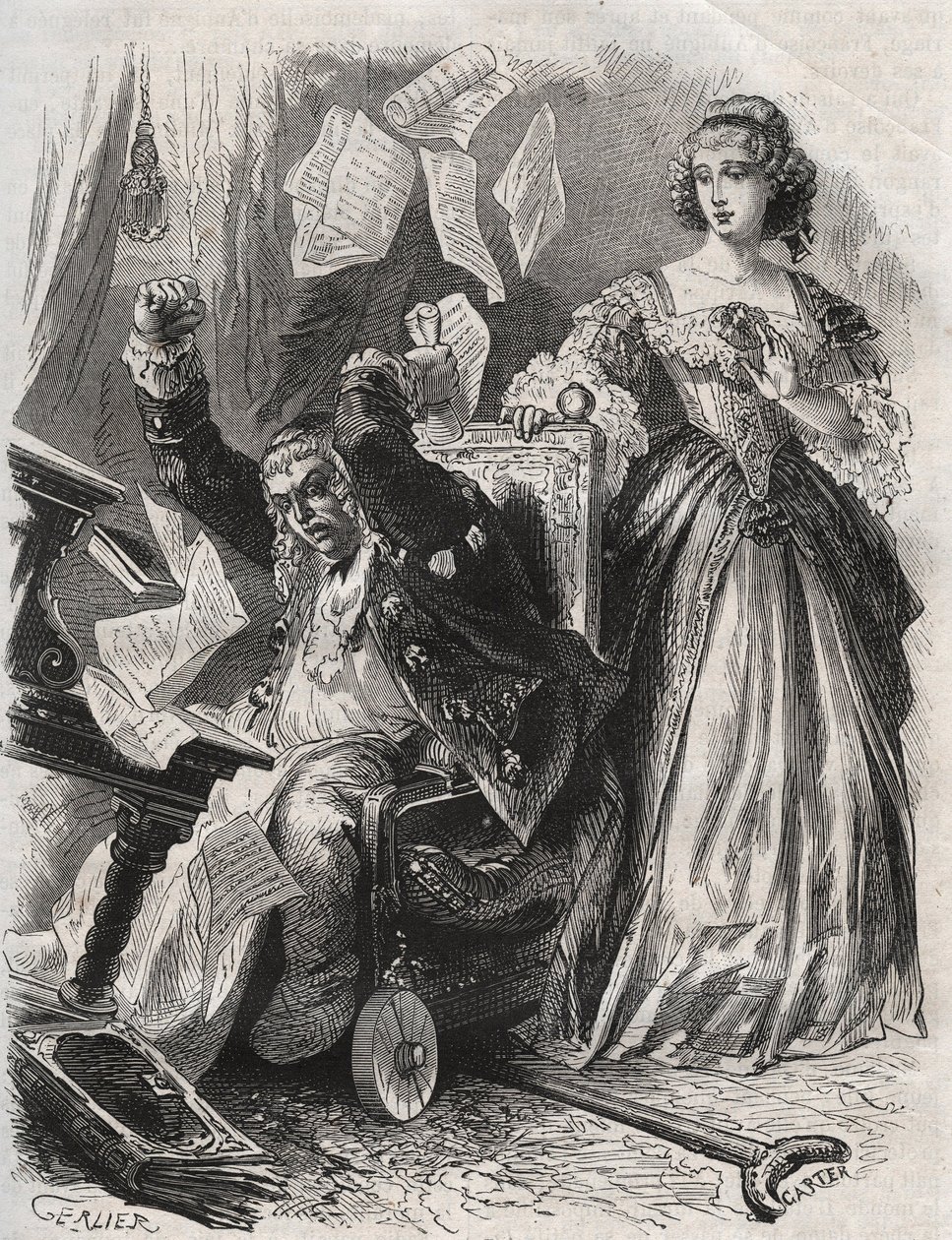 In preda a una rabbia folle, fece volare piume, libri e carte: rabbia del poeta Paul Scarron (1610-1660) davanti a sua moglie, Francoise d