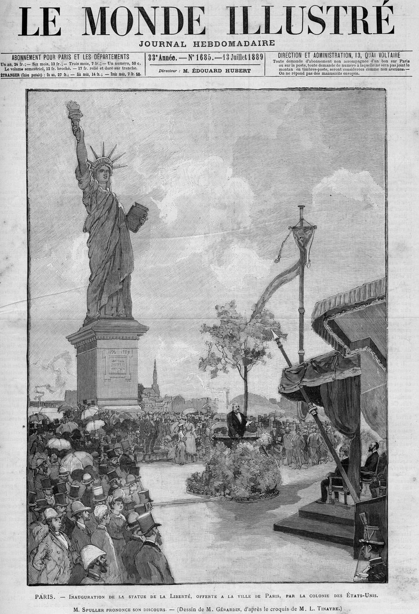 Inaugurazione della Statua della Libertà a Parigi, il 4 luglio 1889: discorso di Eugène Spuller, ministro francese degli Affari Esteri. La statua fu offerta alla città di Parigi dalla comunità americana per commemorare il centenario della Rivoluzione franc da French School