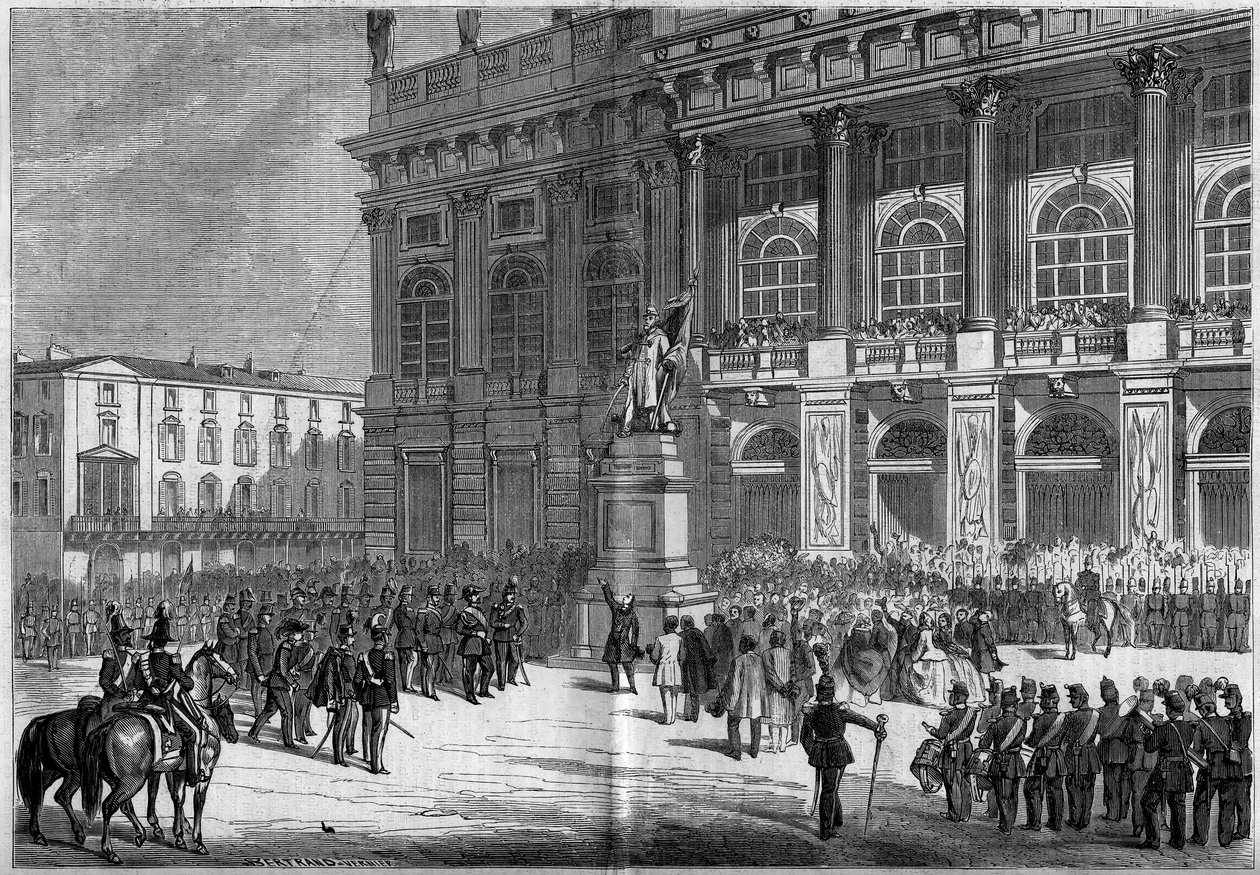 Inaugurazione del monumento sardo di Vincenzo Vela (1820-1891), in Piazza Castello a Torino (Italia) il 10 aprile 1859. Dietro la statua si trova il Palazzo Madama. Basato sugli schizzi del signor Ferry. Incisione in 