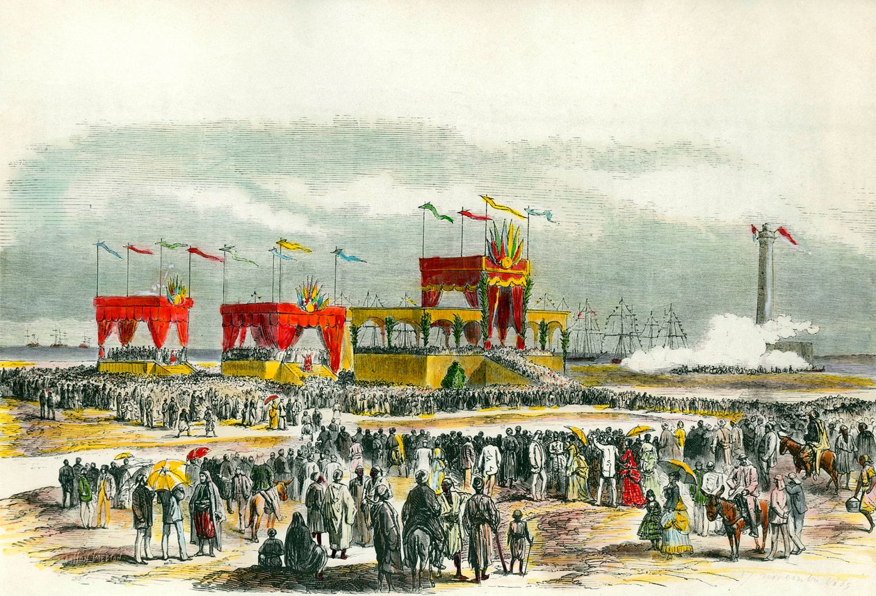 Inaugurazione del Canale di Suez in Egitto nel 1869: il "Te Deum" cantato a Port Said. Il canale è stato creato per collegare il Mar Rosso al Mar Mediterraneo. da French School