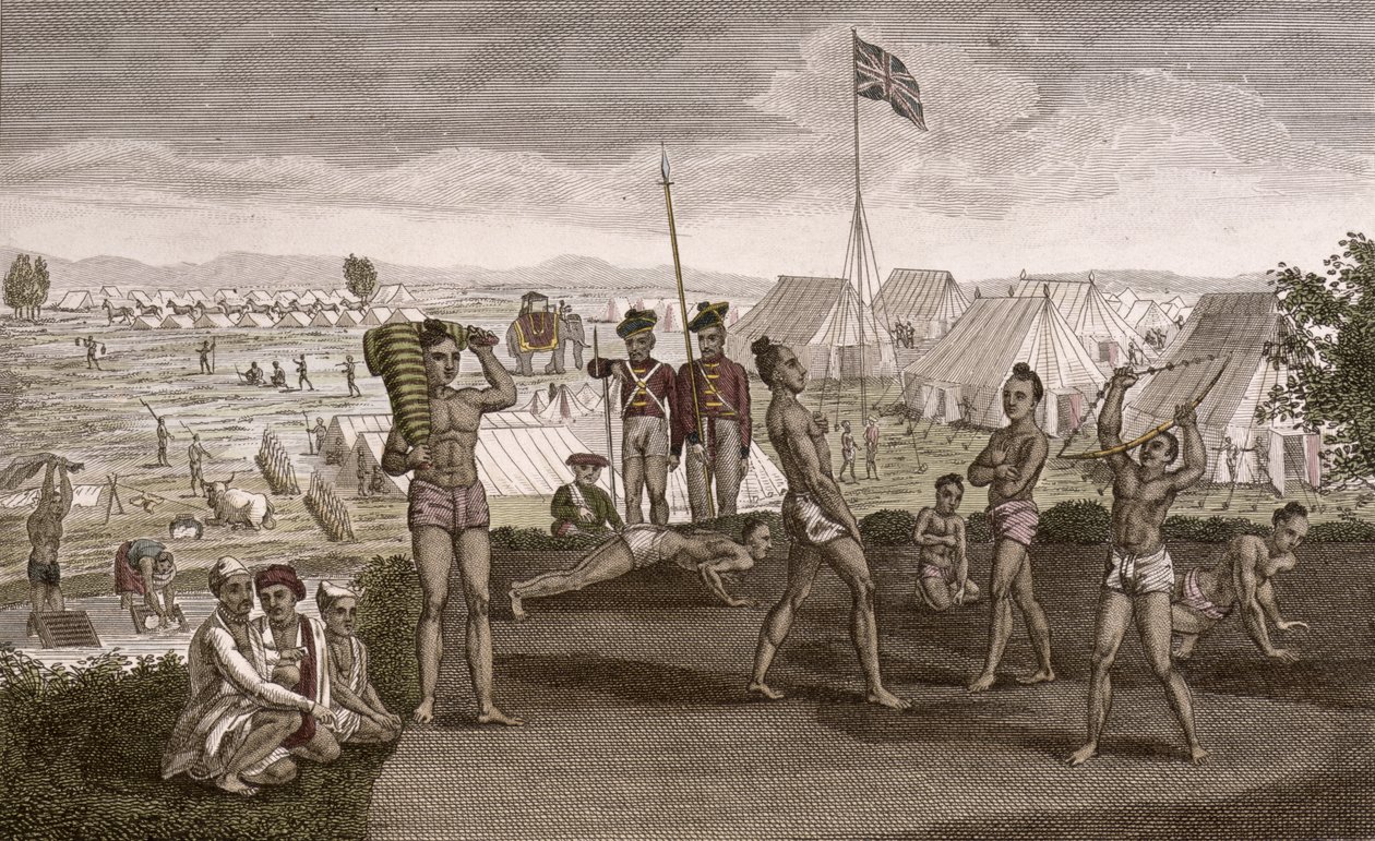 Guerrieri indiani che si esercitano con vista sul campo dei residenti inglesi, c.1810 da French School