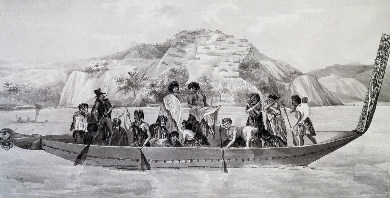 Indigeni neozelandesi su piroga con villaggio fortificato sullo sfondo da French School