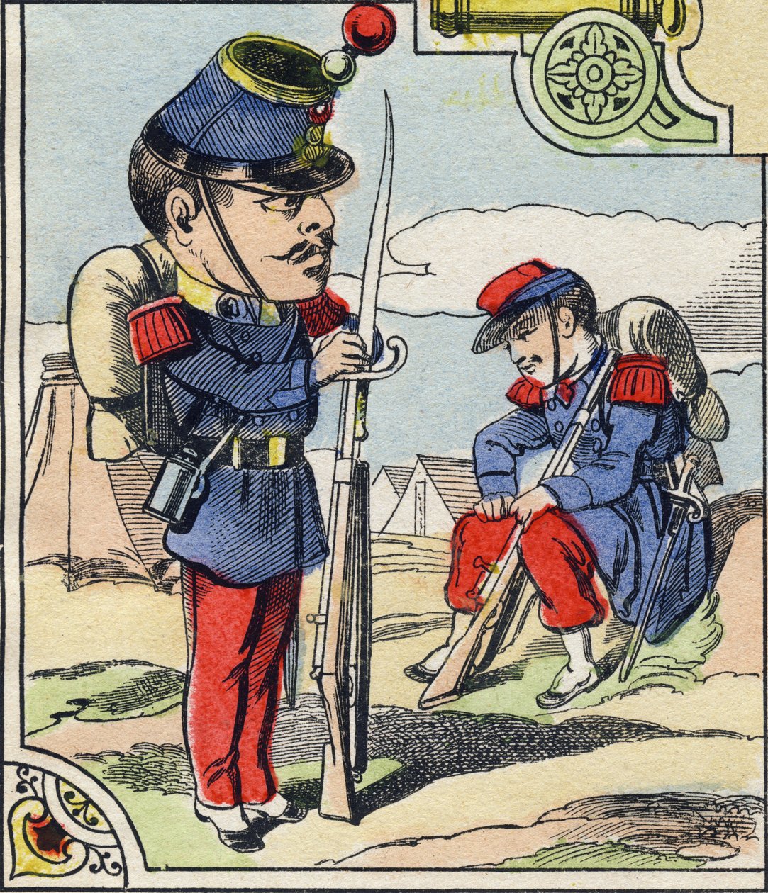 Linea di fanteria. Incisione in "Alfabeto Militare Comico". Quinta serie. Immagini di Epinal, fine XIX secolo da French School