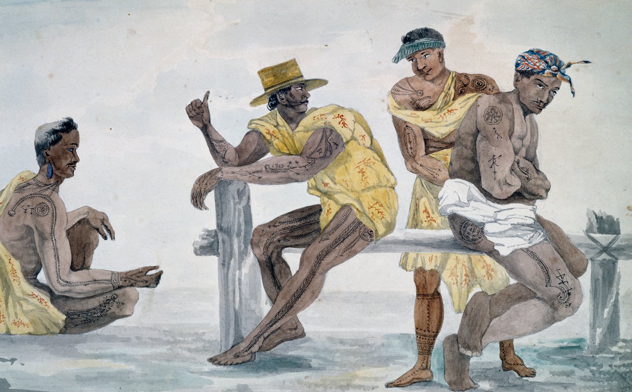 Abitanti di Tahiti, Isole della Società, acquerello di Jules-Louis Lejeune, basato su Viaggio intorno al mondo da French School