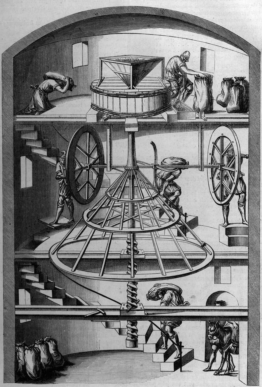 Vista interna di un mulino del XVI secolo; Incisione di Androuet du Cerceau in "Le Magasin pittoresque" da French School