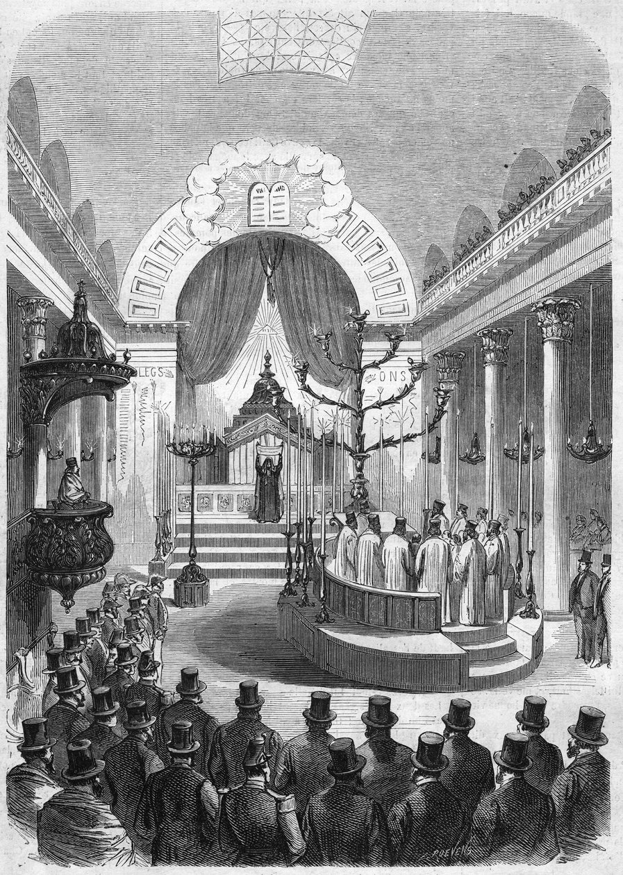 Installazione del rabbino capo della coscrizione di Bordeaux, nella sinagoga della città nel 1864. Incisione dal disegno di Mr. Duffet. da French School