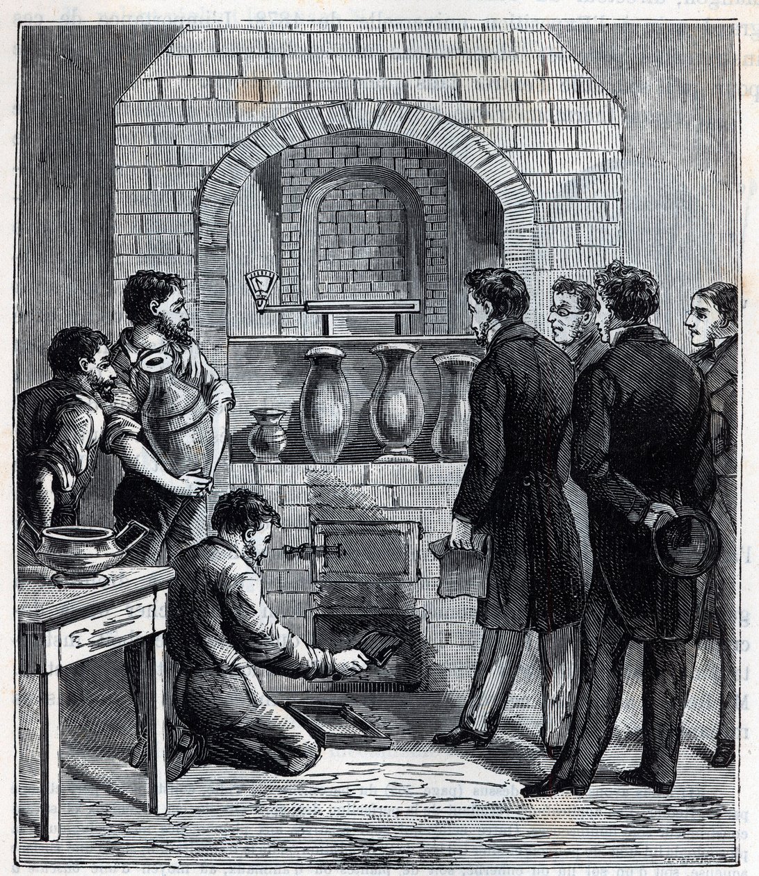 Installazione del pirometro di Alexandre Brongniart (1770-1847) scienziato francese alla manifattura di Sèvres - Incisione in "Scienze portate alla portata di tutti - fisica e chimica popolari" di Alexis Clerc - Fine del XIX secolo. Collezione privata. da French School