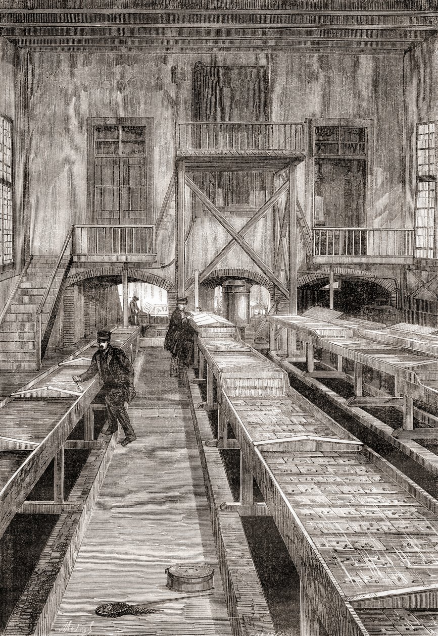 Interno di un allevamento ittico del XIX secolo a Huningue, Francia, da Les Merveilles de la Science, pubblicato c.1870 da French School