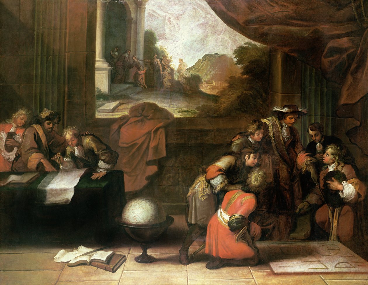Interno di una stanza con geografi e matematici, c.1680-90 da French School