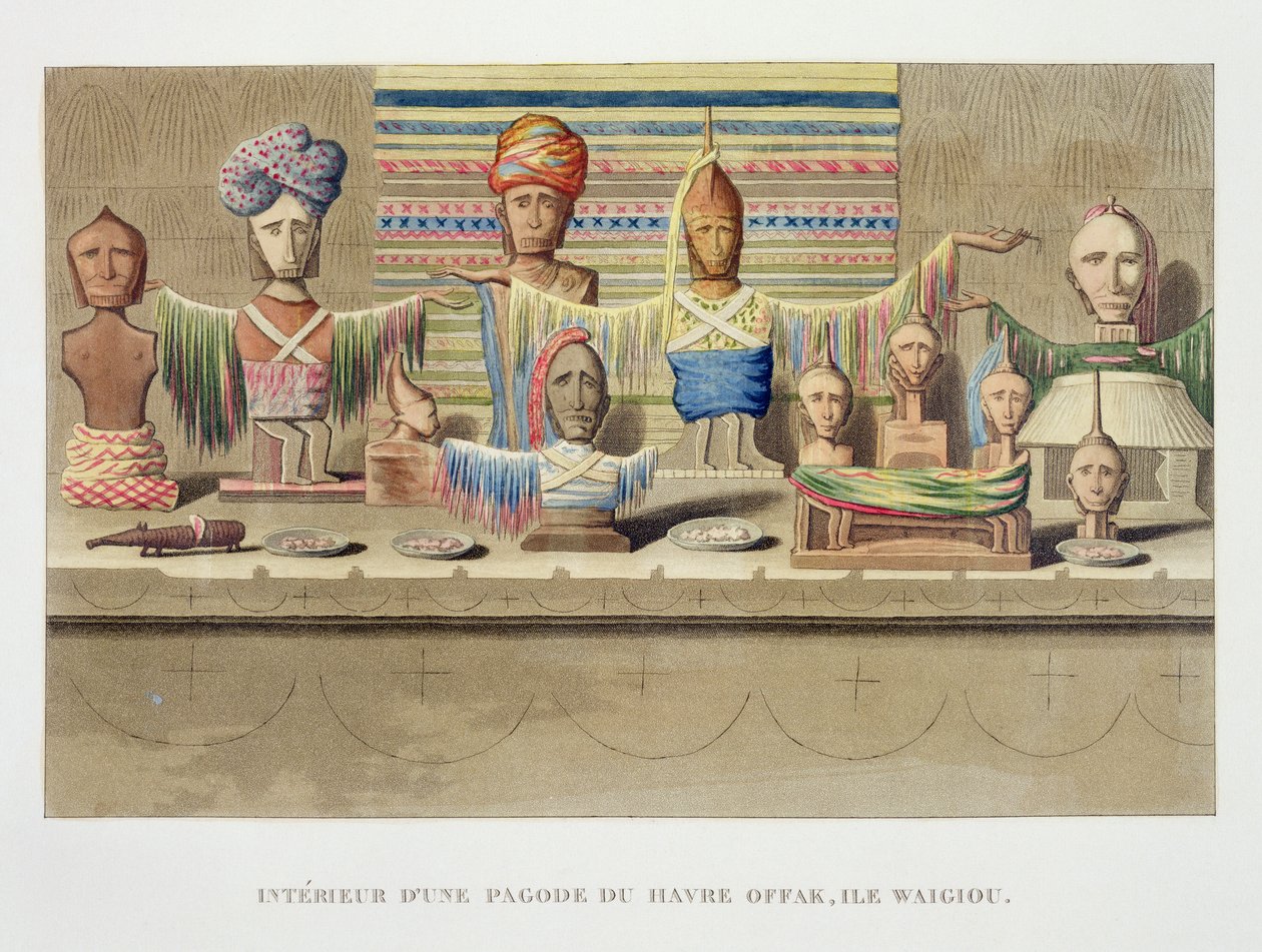 Interno di una Casa degli Spiriti, Offak Harbour, Isola di Waigiou, da Voyage autour du Monde, eseguito per Ordine del Re sulla Corvetta di Sua Maestà, La Coquille durante gli anni 1822, 1823, 1824 e 1825 da French School