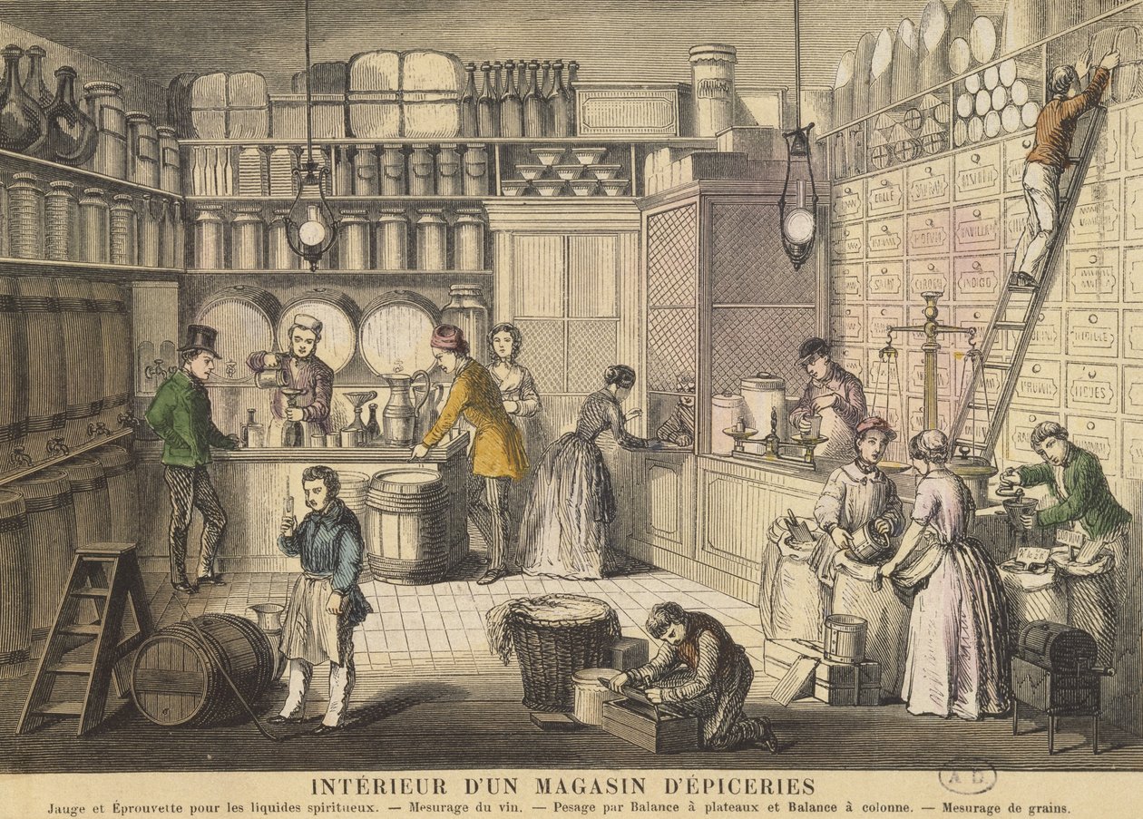 Interno di un negozio di alimentari (incisione a colori) da French School
