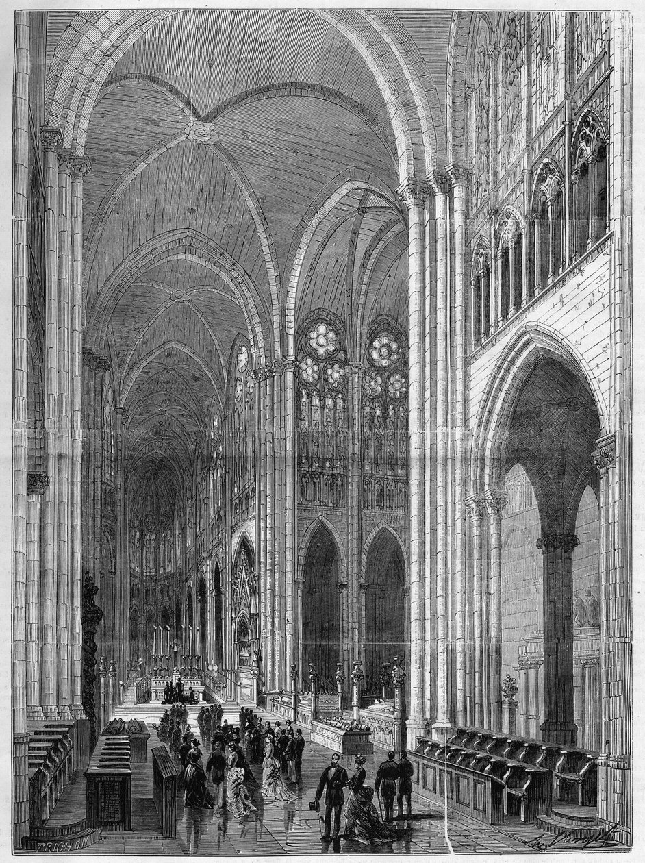 Interno della Basilica di Saint Denis (Saint Denis) restaurata secondo i piani di Eugène Viollet-le-Duc (Viollet le Duc) (1814-1879). Incisione in "L