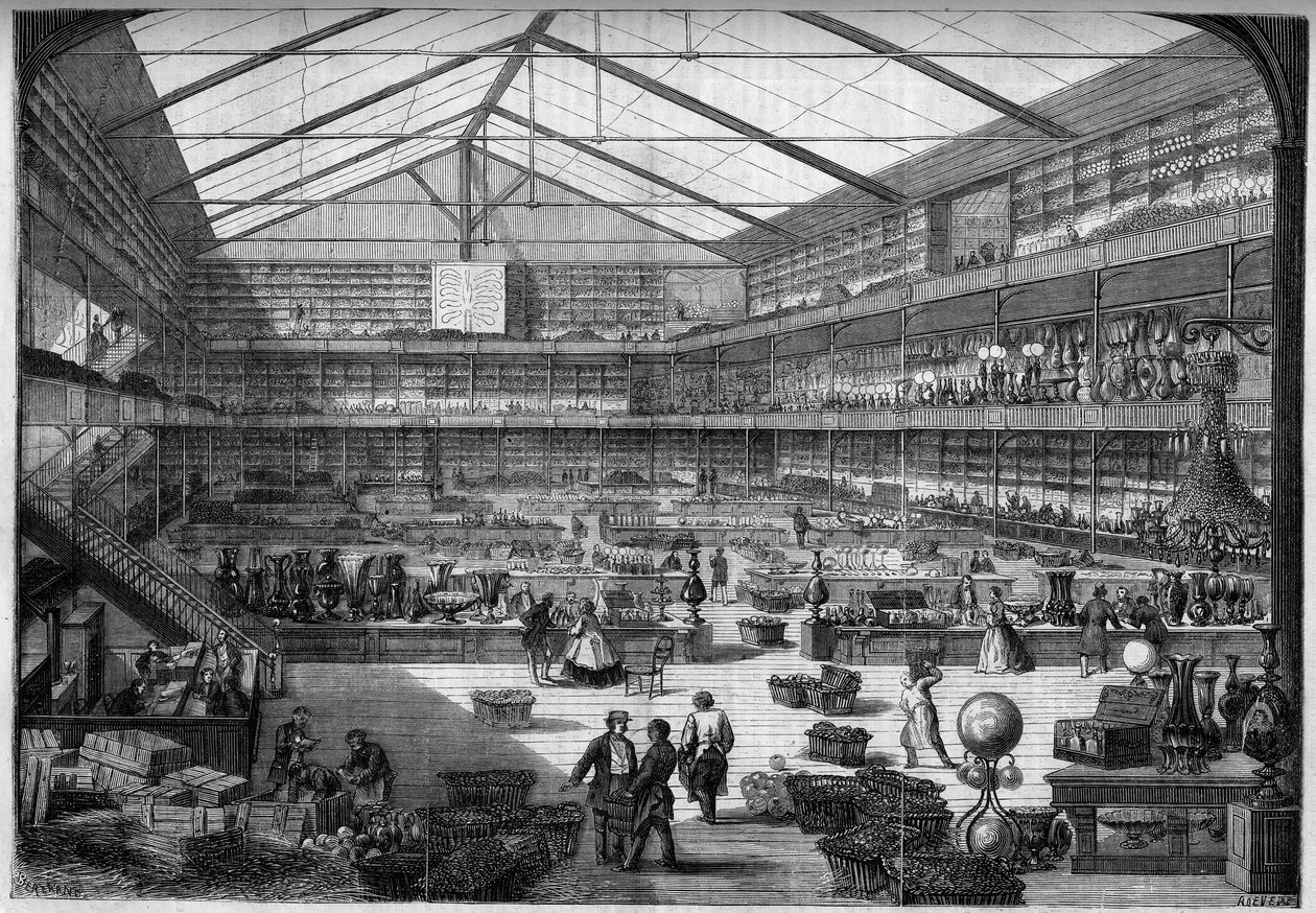 Vista interna di un negozio di vetreria in Francia da French School