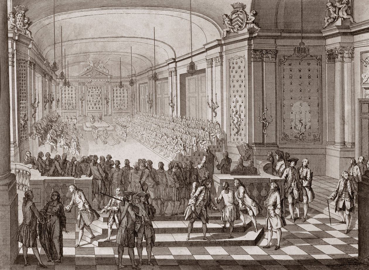 Veduta interna della Sala dei Giacobini, a Nantes, durante la tenuta degli Stati Uniti di Bretagna nel 1764. da French School
