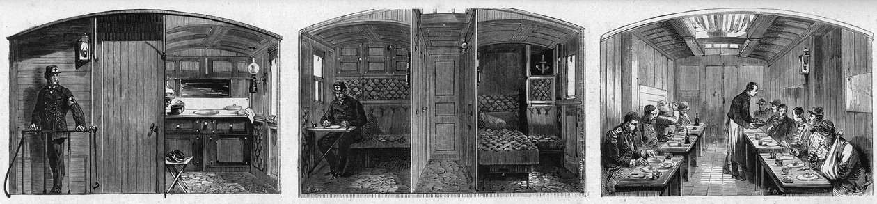 Vista interna del vagone medico e del vagone refettorio di un treno medico della Società francese di soccorso ai militari feriti. Incisione in "Le Monde Illustré" n. 846 del 28 giugno 1873 da French School