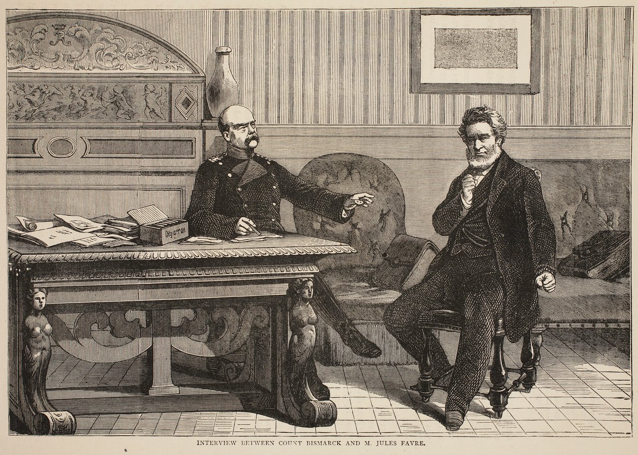 Intervista tra il Conte Bismarck e M. Jules Favre, settembre 1870, illustrazione da Cassells History of the War between France and Germany, 1870-1871 da French School