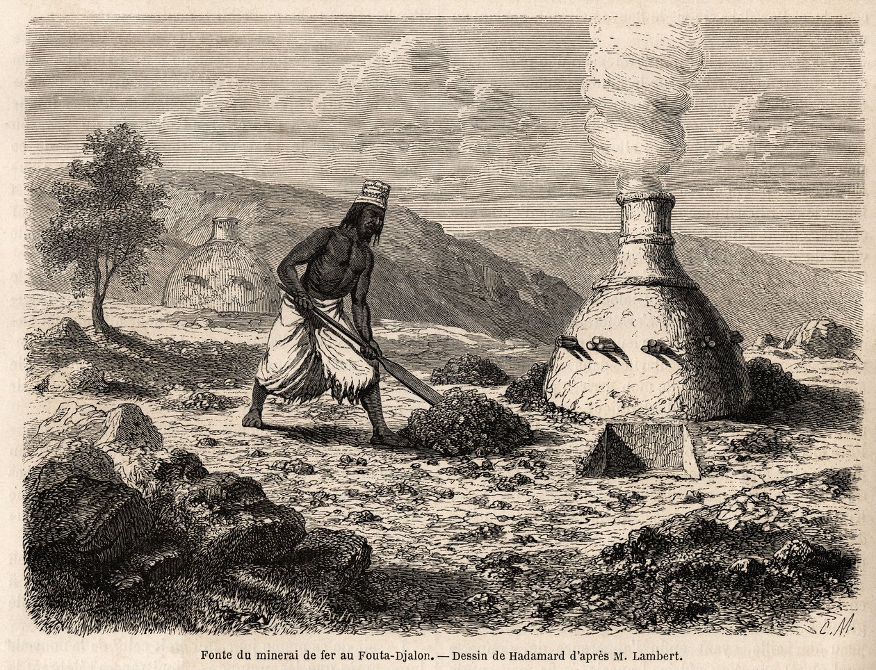 Fusione del minerale di ferro a Fouta Djalon, Senegal, disegno di Hadamard per illustrare il viaggio del tenente Lambert a Fouta Djalon nel 1860. Incisione in "Le tour du monde" 1861. Collezione Selva. da French School