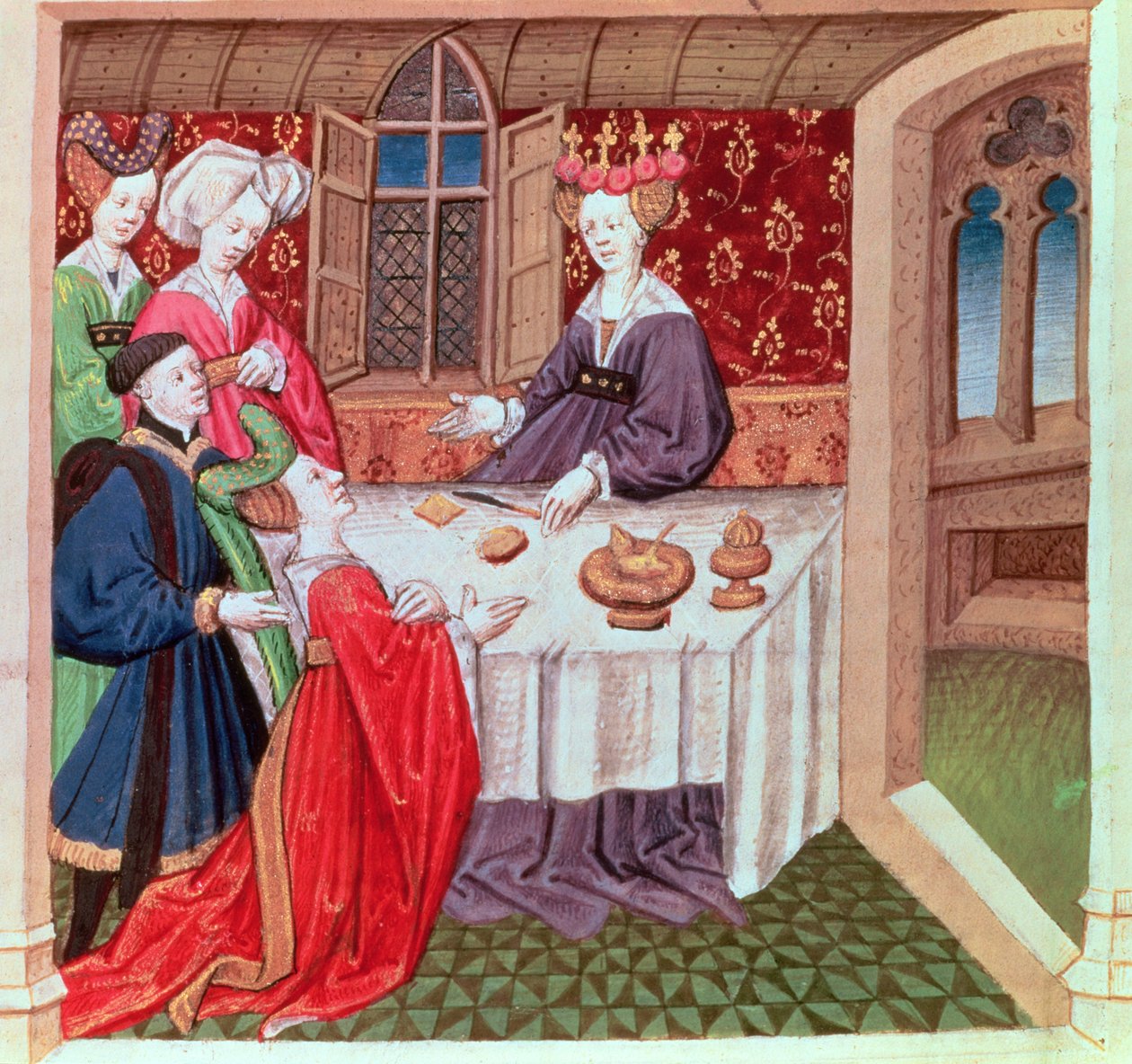 Isotta che implora la Regina Ginevra per protezione, Roman du Chevalier Tristan da French School