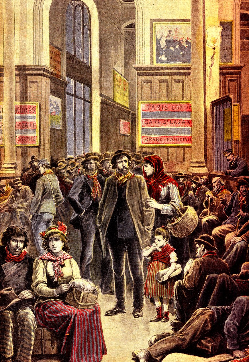 Emigranti italiani a Parigi nella stazione ferroviaria di Gare Saint Lazare nel marzo 1896 (incisione) da French School